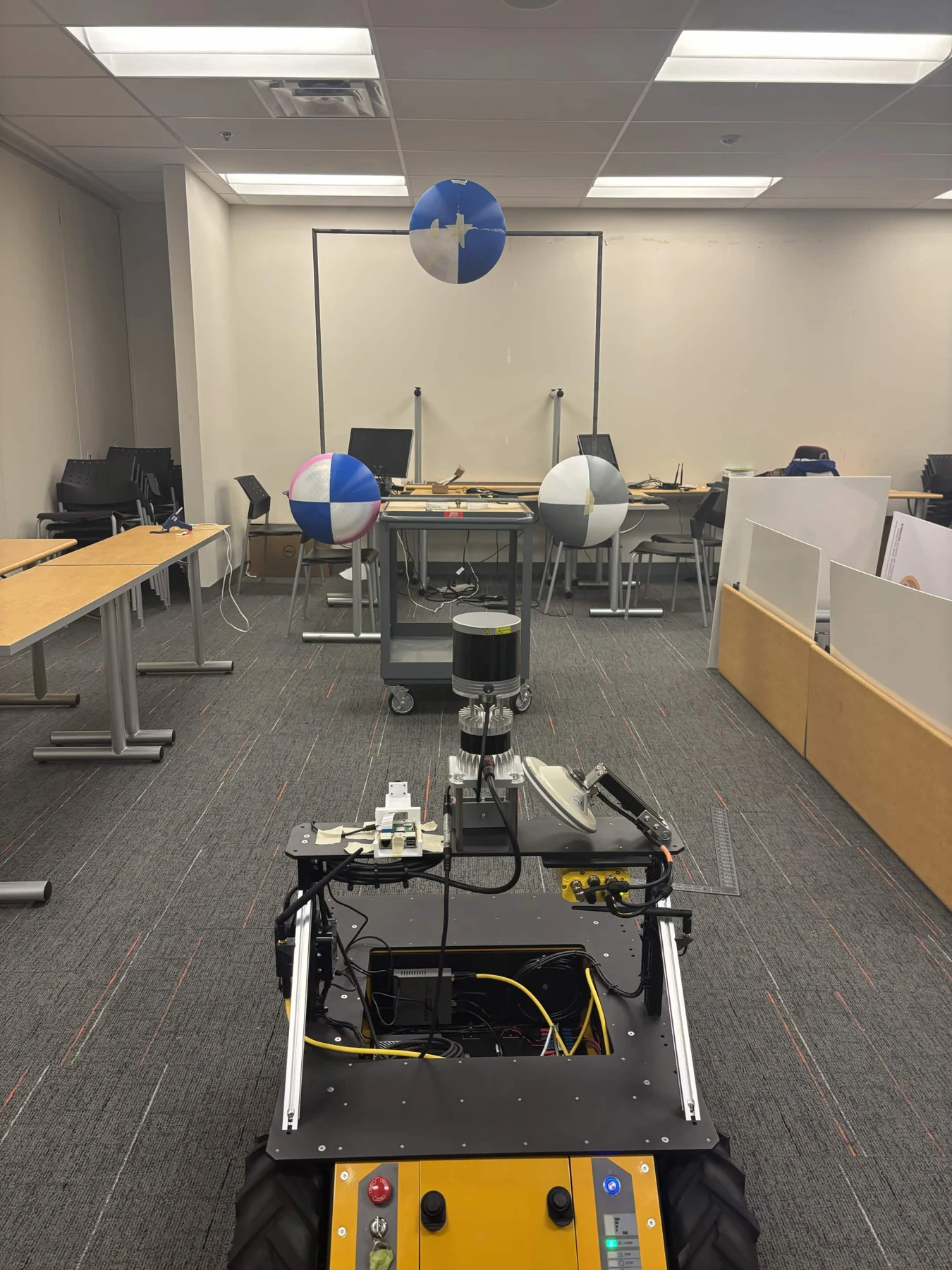 Spherical reference targets mounted on a frame in the lab